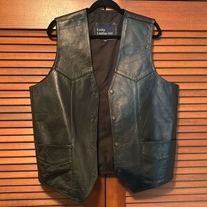 Men’s Lucky Leather Inc. Black Leather Button Vest Front Pockets XXL